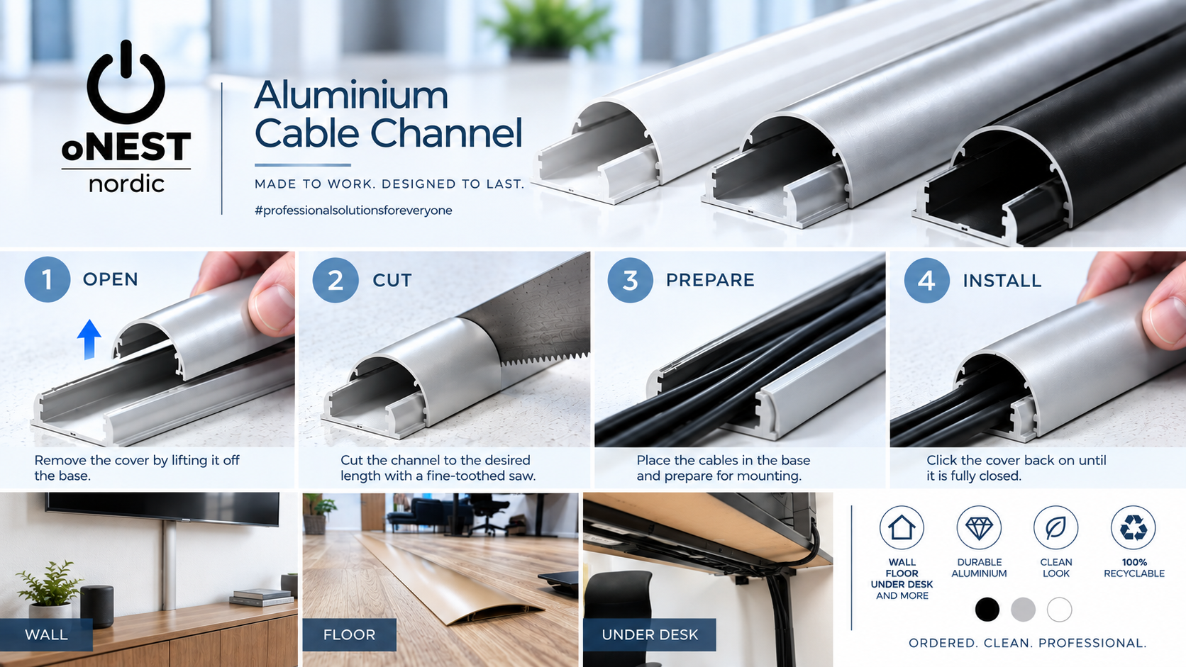 Aluminium cable channel vejledning i fire trin: åbn, tilpas, læg kablerne i og montér