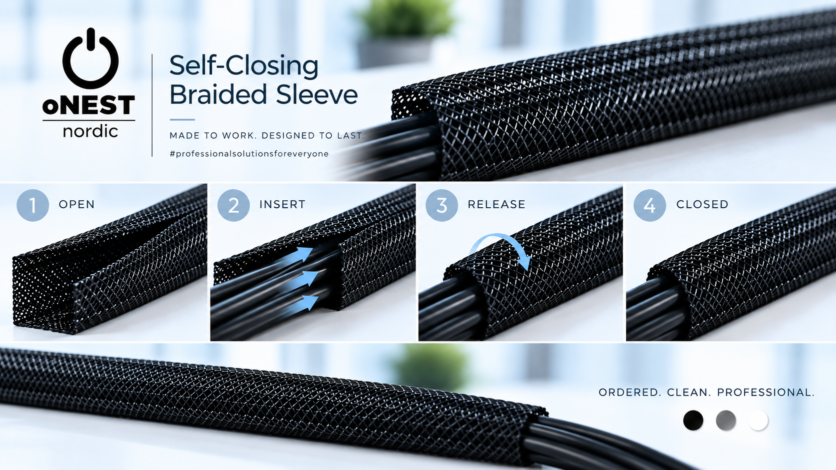 Self-closing braided sleeve vejledning i fire trin: åbn, læg kablerne i, slip materialet og lukket