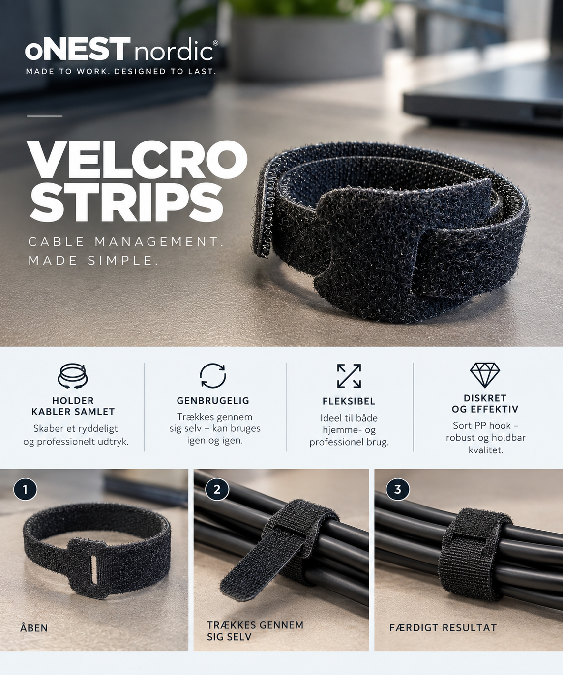 Velcro strips vejledning i fire trin: saml kablerne, klip til, vikl omkring og luk velcroen