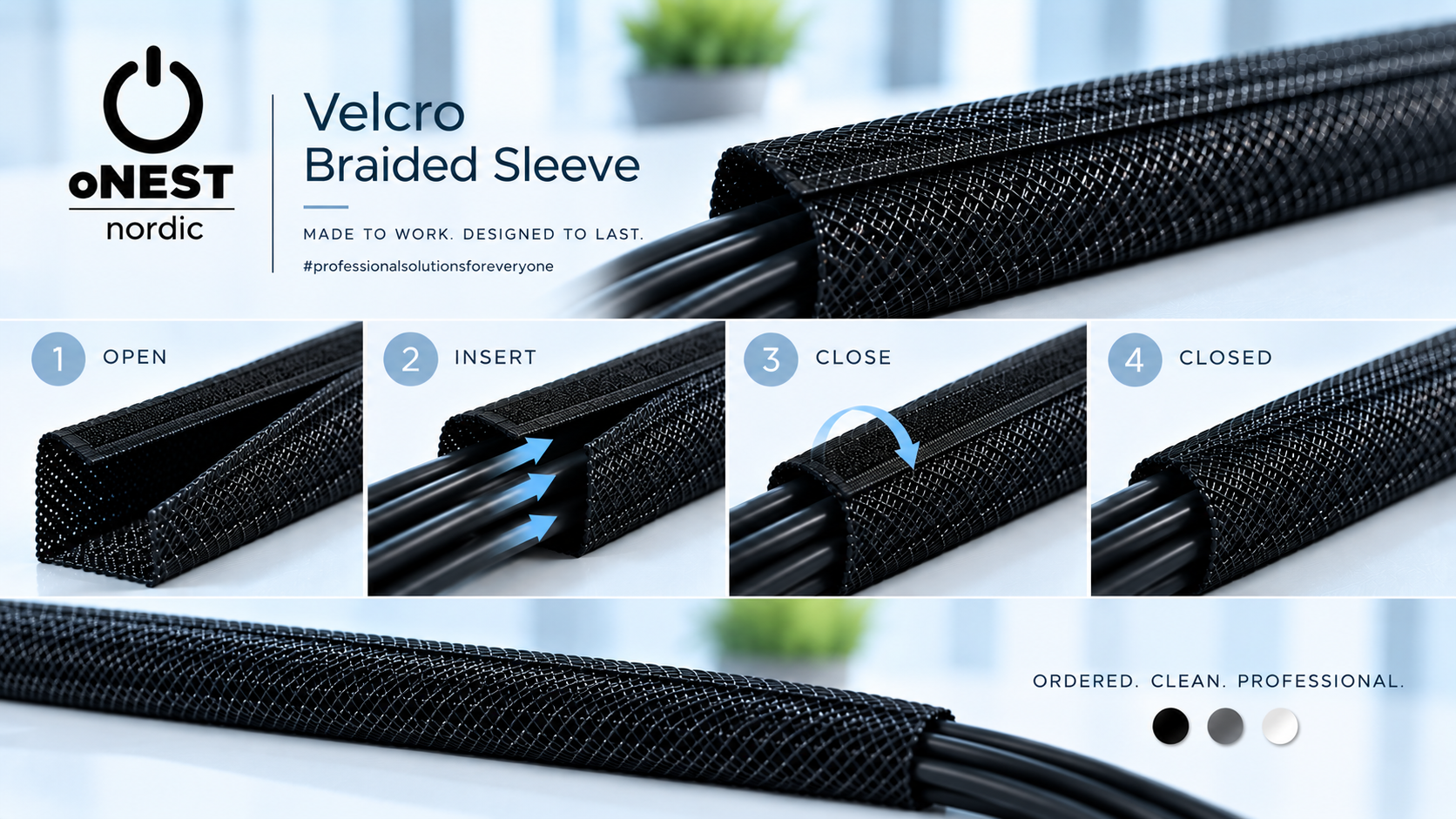 Velcro braided sleeve vejledning i fire trin: åbn, læg kablerne i, luk og lukket