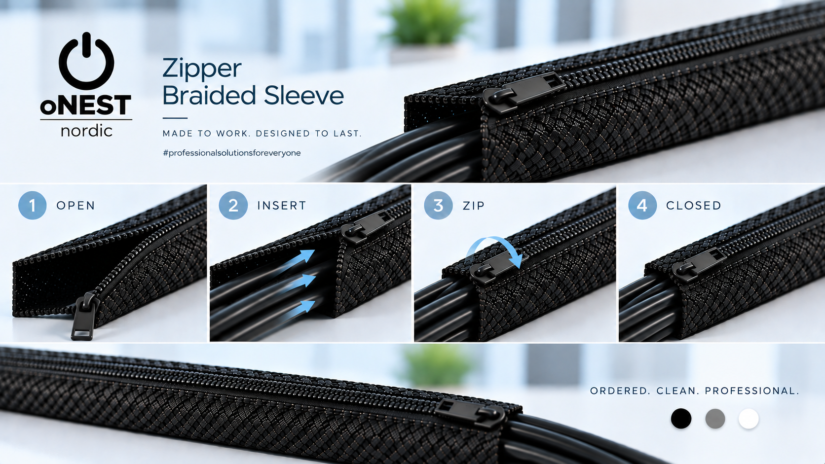 Zipper braided sleeve vejledning i fire trin: åbn, læg kablerne i, luk lynlåsen og lukket