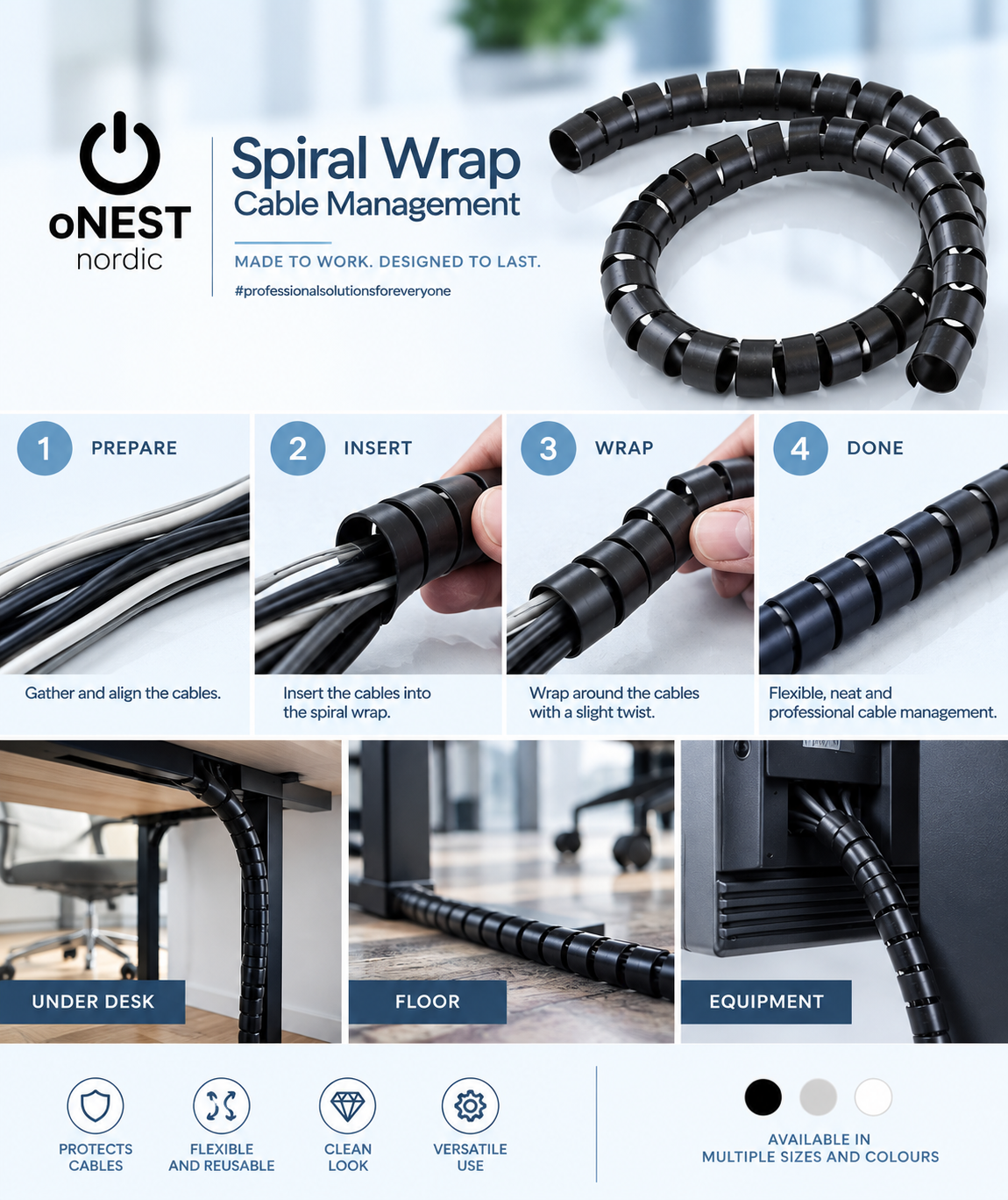 Spiral wrap vejledning i fire trin: saml, indsæt, vikl og færdig